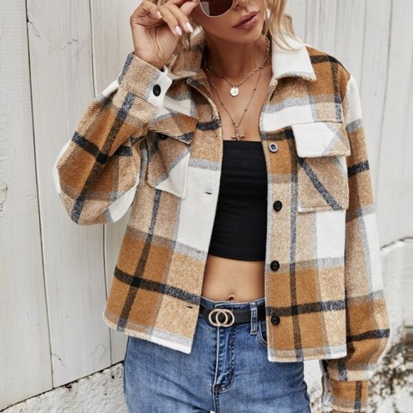 CASUAL DOLLZ Plaid Print Crop Jacket Button Down - Picture 2 of 5